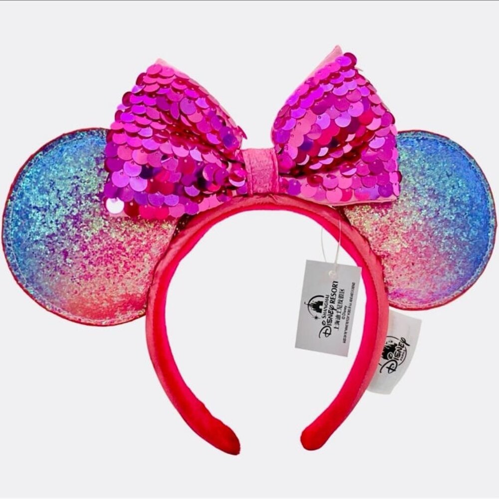 Disney Parks Mermaid Ariel Scales Pink Sequin Bow Blue Ombré Headband